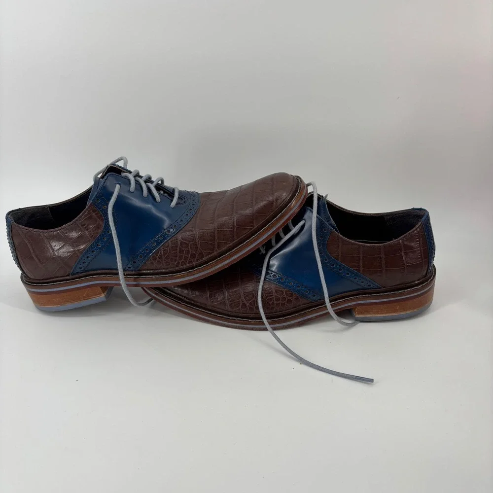 Cole Haan Mens Oxford Shoes 8.5 Brown Blue Croc Embossed Leather Brogue Wingtip